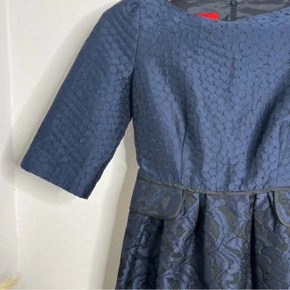 Carolina Herrara 1950’s Navy Brocade 3/4 Sleeve Boat Neck Fit &amp; Flare Dress Sz 6