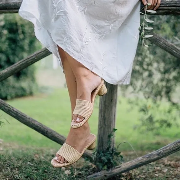 Carrie Forbes X J. Crew Bou Sandals Heel Mules Woven Raffia Casual Preppy Cream