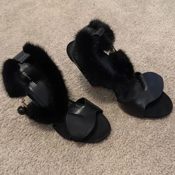 Celine Black Fur-Trimmed Women's Sandals