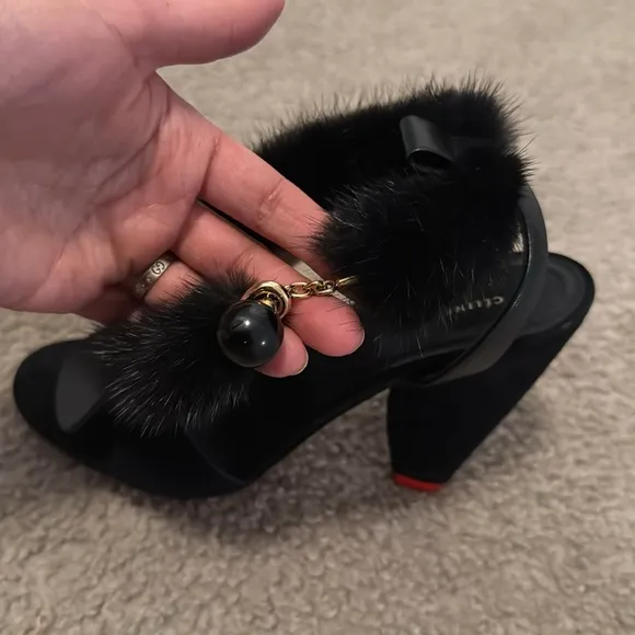 Celine Black Fur-Trimmed Women's Sandals