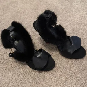 Celine Black Fur-Trimmed Women's Sandals