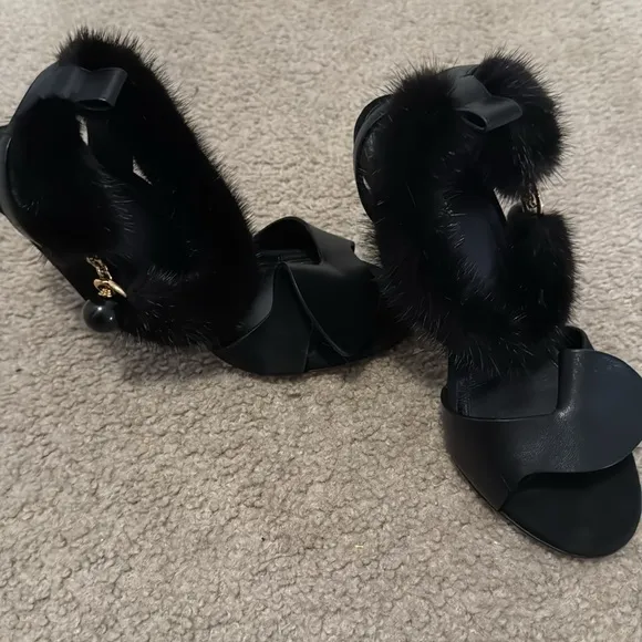 Celine Black Fur-Trimmed Women's Sandals
