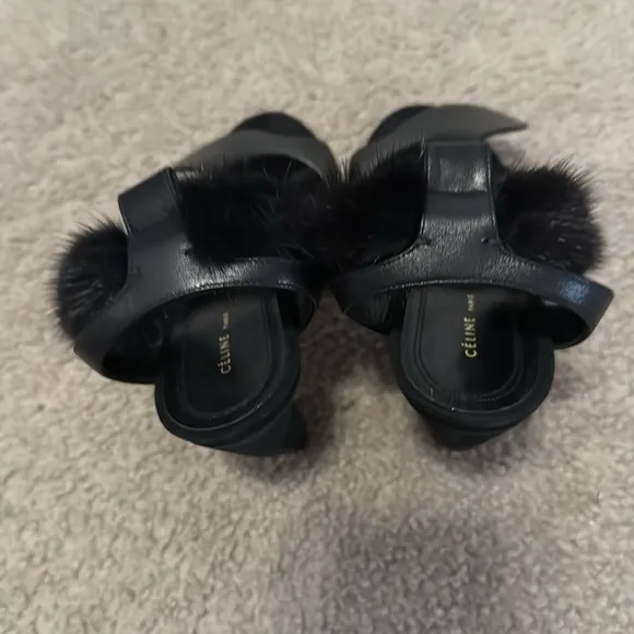 Celine Black Fur-Trimmed Women's Sandals