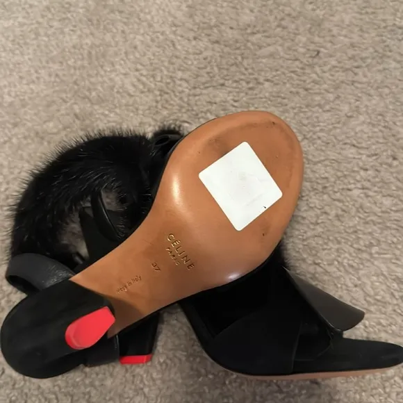 Celine Black Fur-Trimmed Women's Sandals
