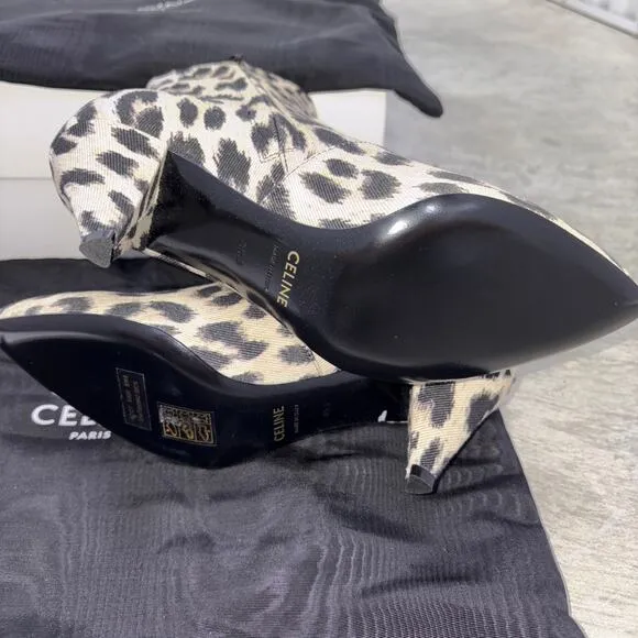 CELINE Boots Beige black Leopard pattern cloth canvas western casual NEW US5.5