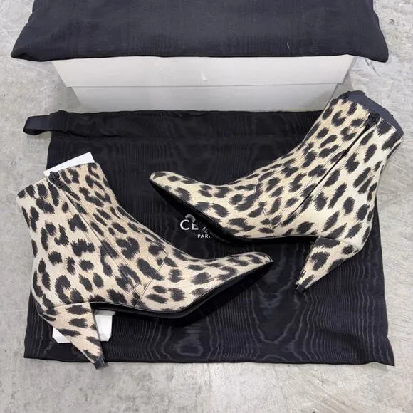 CELINE Boots Beige black Leopard pattern cloth canvas western casual NEW US5.5