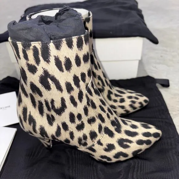 CELINE Boots Beige black Leopard pattern cloth canvas western casual NEW US5.5