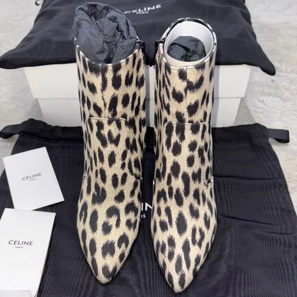 CELINE Boots Beige black Leopard pattern cloth canvas western casual NEW US5.5