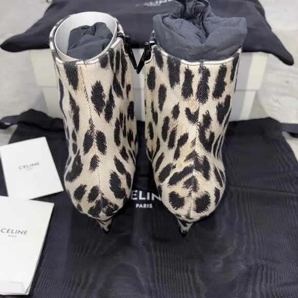 CELINE Boots Beige black Leopard pattern cloth canvas western casual NEW US5.5