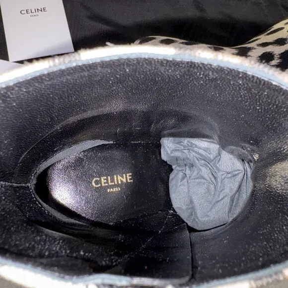 CELINE Boots Beige black Leopard pattern cloth canvas western casual NEW US5.5