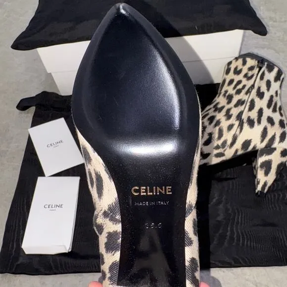 CELINE Boots Beige black Leopard pattern cloth canvas western casual NEW US5.5