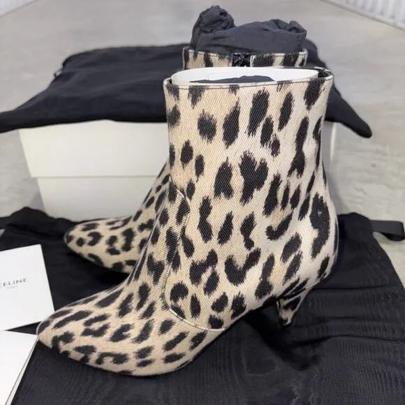 CELINE Boots Beige black Leopard pattern cloth canvas western casual NEW US5.5