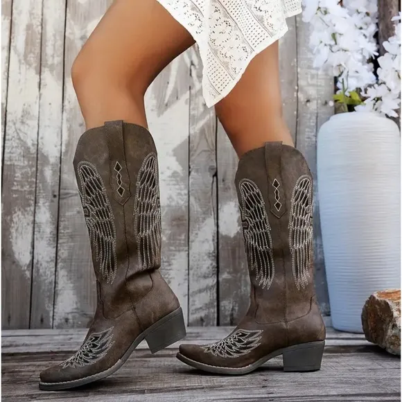 Charcoal Black Embroidered Western Boho Vegan Leather Cowboy Boots
