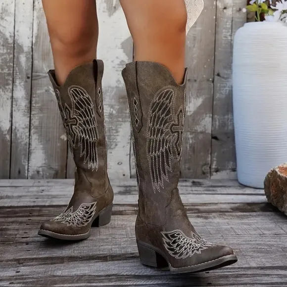 Charcoal Black Embroidered Western Boho Vegan Leather Cowboy Boots