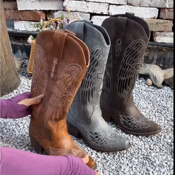 Charcoal Black Embroidered Western Boho Vegan Leather Cowboy Boots