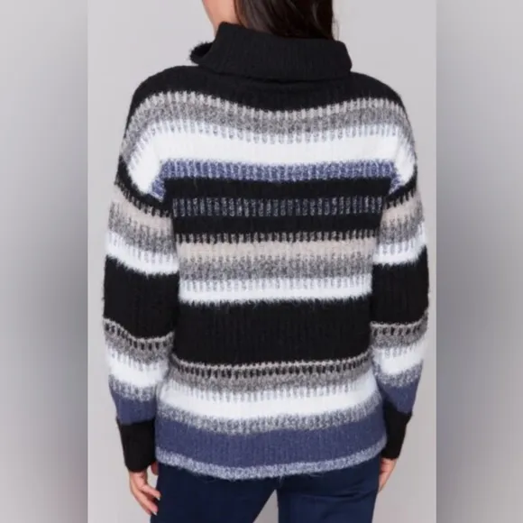 CHARLIE B Women's Marine Navy L/S Cowl Neck Striped Sweater Soft Size Large NEW