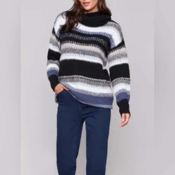 CHARLIE B Women's Marine Navy L/S Cowl Neck Striped Sweater Soft Size Large NEW