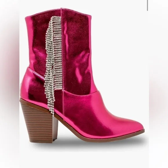 CHASE AND CHLOE fuchsia metallic Justine Side Rhinestone Tassel Western Boot 8
