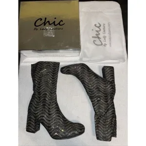 Chic Lady Couture Women’s Fashion Boots Size 42 U.S. 11 M Black Gold Glitter NIB
