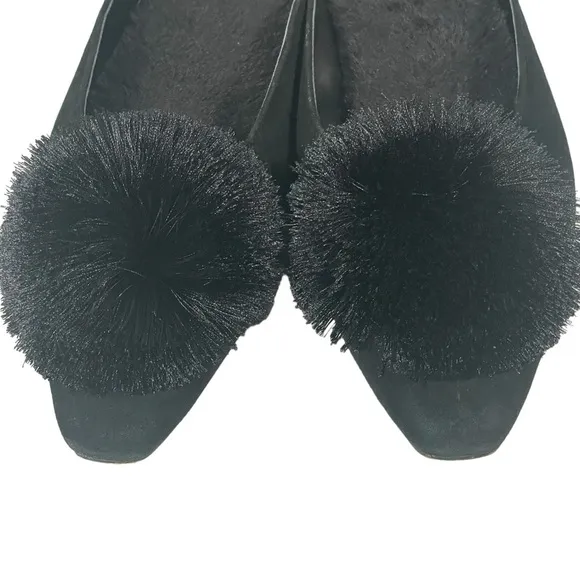 Chico’s Pixie Black Velvet Faux Fur Lined Pom Pom Low Heel Mules Sz 7.5