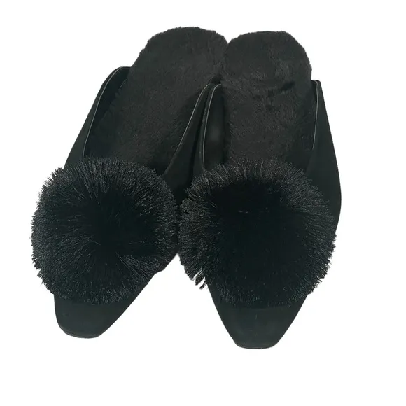 Chico’s Pixie Black Velvet Faux Fur Lined Pom Pom Low Heel Mules Sz 7.5