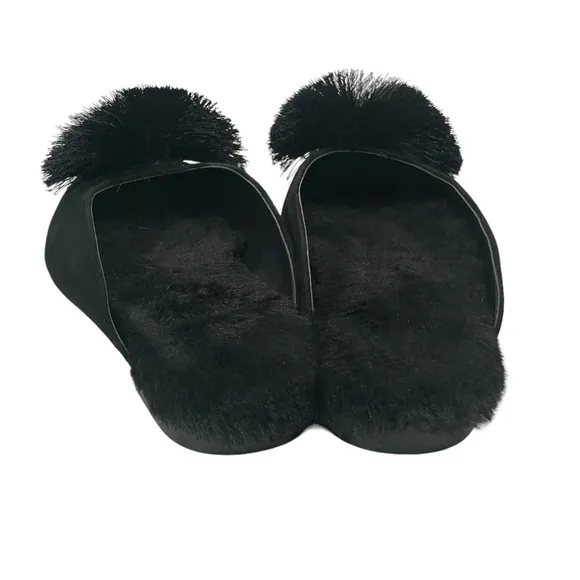 Chico’s Pixie Black Velvet Faux Fur Lined Pom Pom Low Heel Mules Sz 7.5