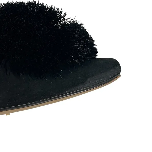 Chico’s Pixie Black Velvet Faux Fur Lined Pom Pom Low Heel Mules Sz 7.5
