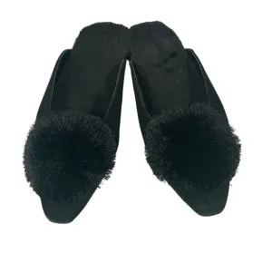 Chico’s Pixie Black Velvet Faux Fur Lined Pom Pom Low Heel Mules Sz 7.5