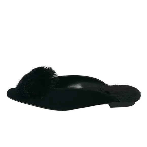 Chico’s Pixie Black Velvet Faux Fur Lined Pom Pom Low Heel Mules Sz 7.5