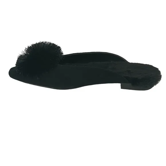 Chico’s Pixie Black Velvet Faux Fur Lined Pom Pom Low Heel Mules Sz 7.5