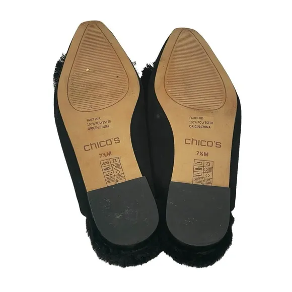 Chico’s Pixie Black Velvet Faux Fur Lined Pom Pom Low Heel Mules Sz 7.5