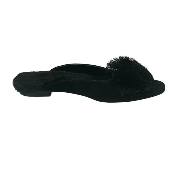 Chico’s Pixie Black Velvet Faux Fur Lined Pom Pom Low Heel Mules Sz 7.5