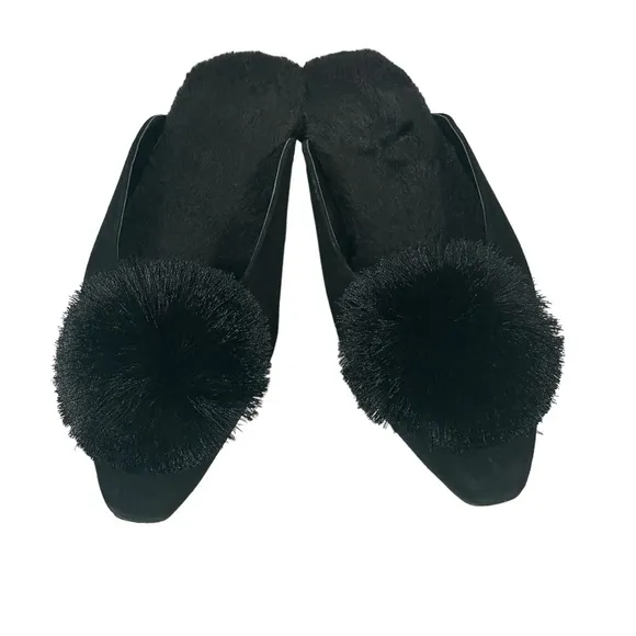 Chico’s Pixie Black Velvet Faux Fur Lined Pom Pom Low Heel Mules Sz 7.5