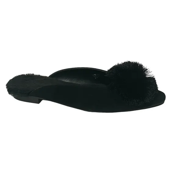 Chico’s Pixie Black Velvet Faux Fur Lined Pom Pom Low Heel Mules Sz 7.5
