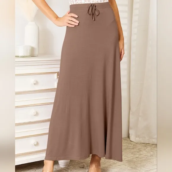 Chocolate Soft Drawstring Waist Maxi Skirt