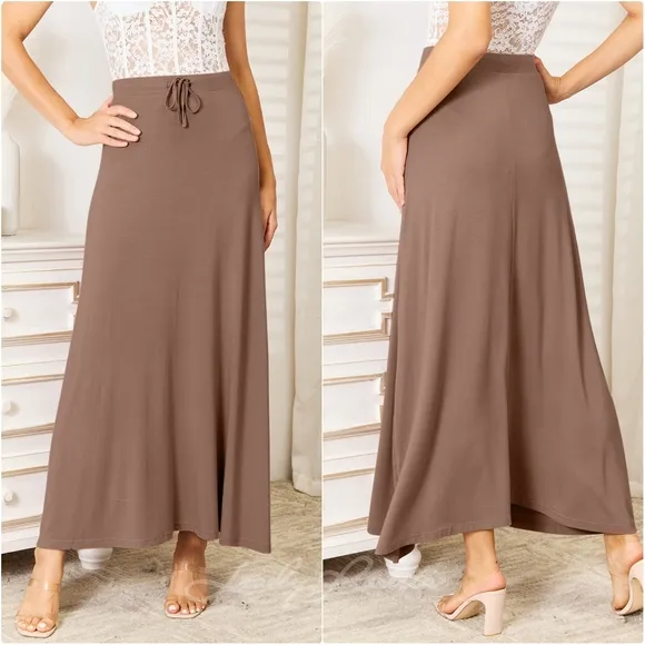 Chocolate Soft Drawstring Waist Maxi Skirt