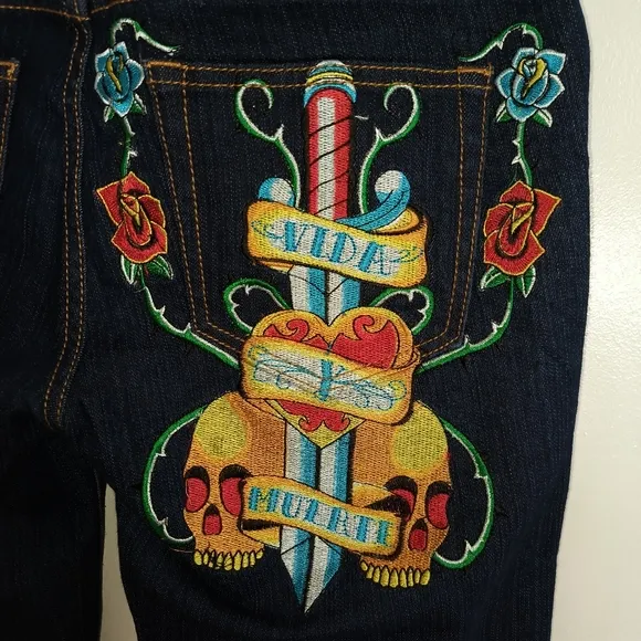Christian Audigier Ed Hardy Styled Embroidered Jeans. Vida Muerte Size11/12