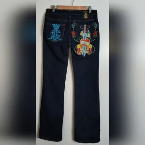 Christian Audigier Ed Hardy Styled Embroidered Jeans. Vida Muerte Size11/12