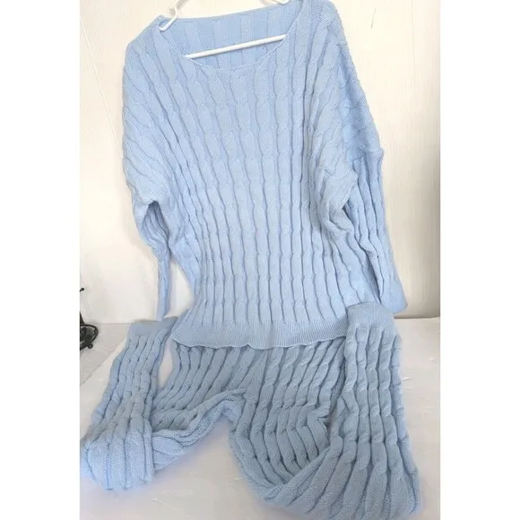 Chunky Cable Knit Sweater  Pajamas Set Baby Blue Stretch Womens 5x Athleisure