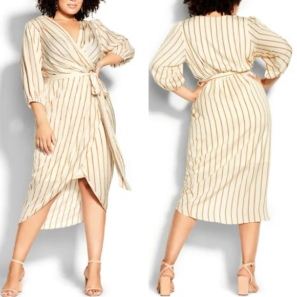 City Chic NWT Catalina Belted Faux Wrap Midi Stripe Dress Cinnamon Size 12