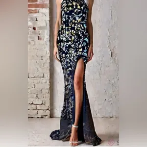 CITY STUDIO PROM Blue Sequin Embellished Sheath Full Length Dress side slit. EUC