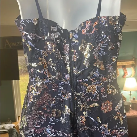 CITY STUDIO PROM Blue Sequin Embellished Sheath Full Length Dress side slit. EUC