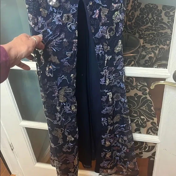 CITY STUDIO PROM Blue Sequin Embellished Sheath Full Length Dress side slit. EUC