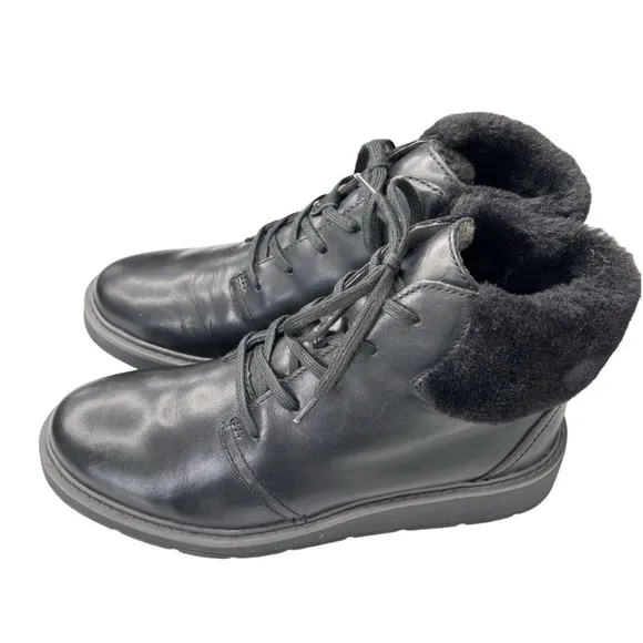 Clarks Andie Go Ankle Boots Black Leather Faux Fur Cuff  Womens Boot Sz 7.5 NEW