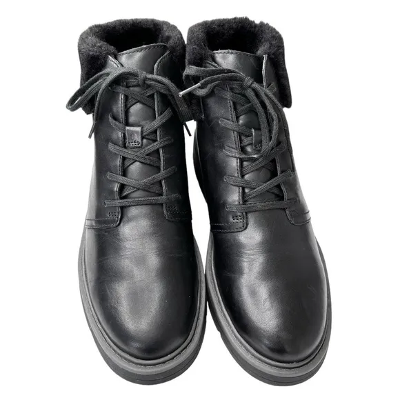 Clarks Andie Go Ankle Boots Black Leather Faux Fur Cuff  Womens Boot Sz 7.5 NEW