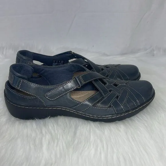 Clarks Collection Navy Leather Slip On Slingback Clog Style Shoes Sz 7.5 N