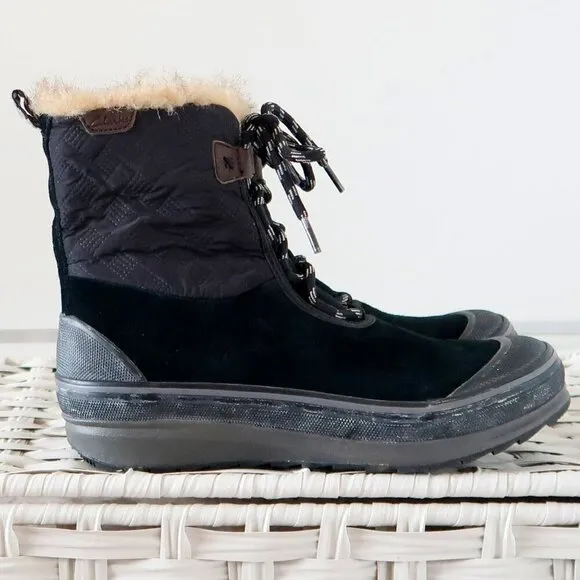 Clarks Suede Leather Nylon Rubber Fur Waterproof Lace-up Winter Rain Boots 7.5