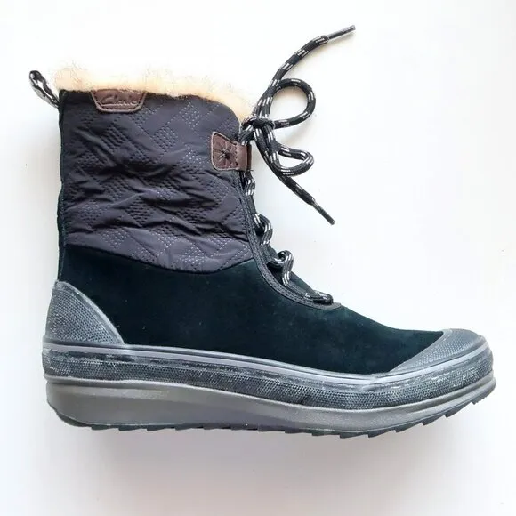 Clarks Suede Leather Nylon Rubber Fur Waterproof Lace-up Winter Rain Boots 7.5