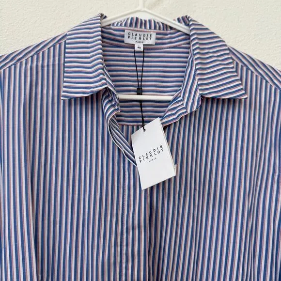CLAUDIE PIERLOT Stripe Shirt Dress Cotton US 8 Long Sleeve NWT Parisian