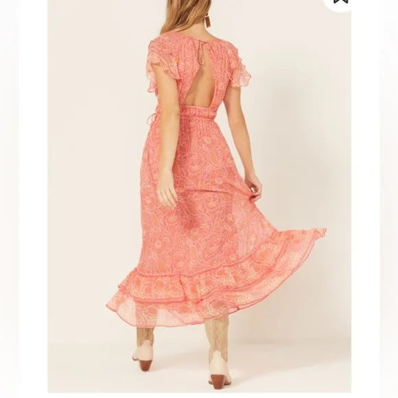 Cleobella Hannah Cutout Tiered Ruffle Maxi Dress in Coral Blossom Medium NWT
